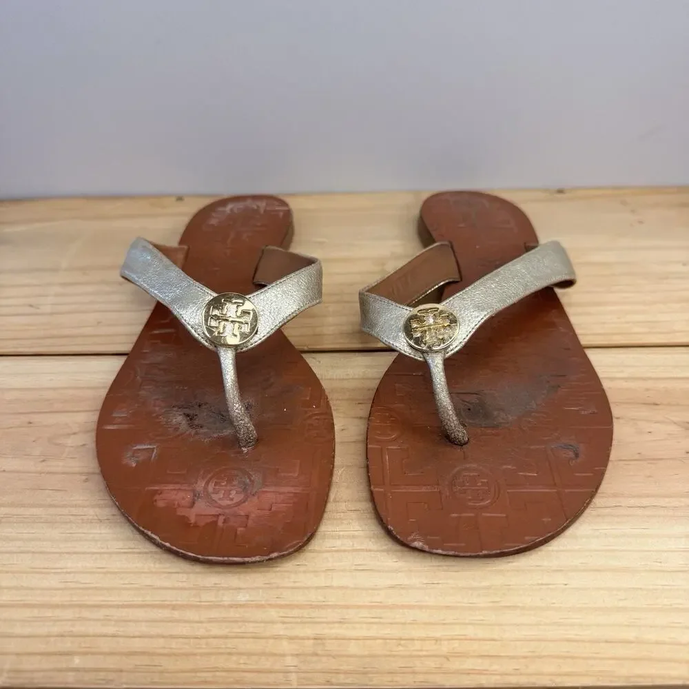 Tory Burch Manon Black Vachetta Leather Thong Sandals Flip Flops Size 8.5